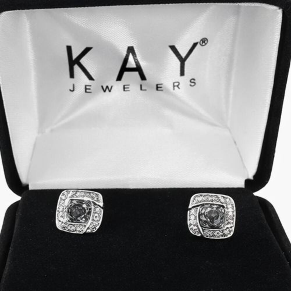 Sterling Silver 925 Kay Jewelers Earrings Square Halo With Diamond Chips NWOT